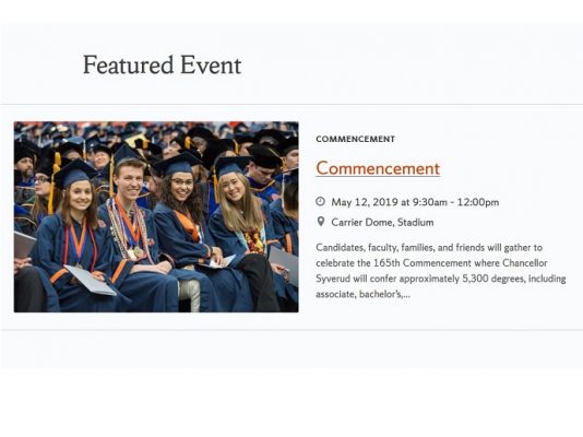 graphic with photo of students at Commencement and words about event time and place