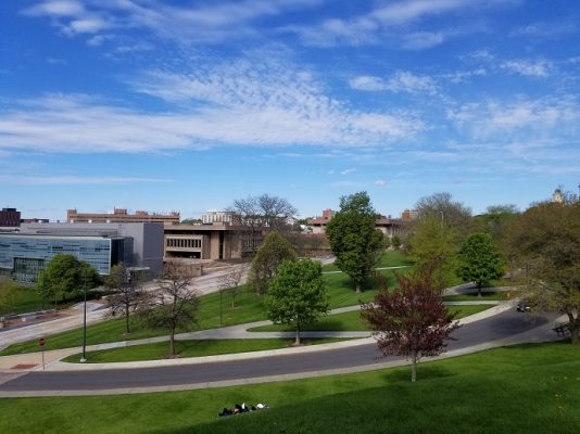 blue sky over campus buildings with trees in foreground