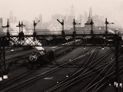 black and white photo of railroad yard