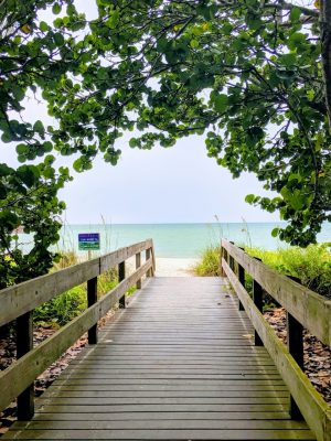 Wooden walkway leading to a beach.