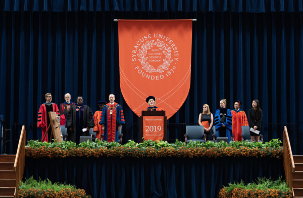 University leaders on stage at 2019 new student convocation.