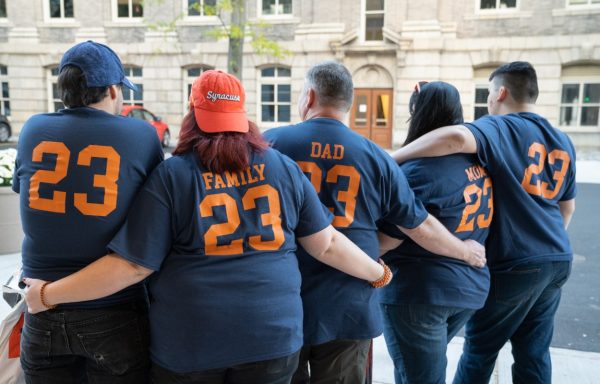 shot of family from behind with customized #23 t-shirts