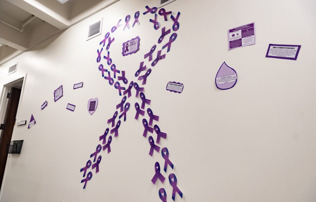 a wall of purple ribbons
