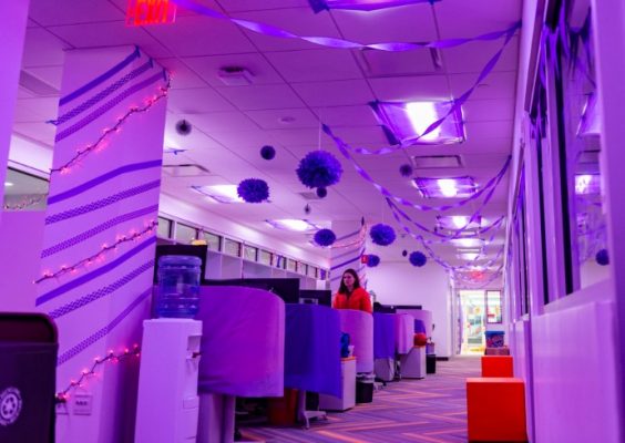 purple illuminated and decorated office space