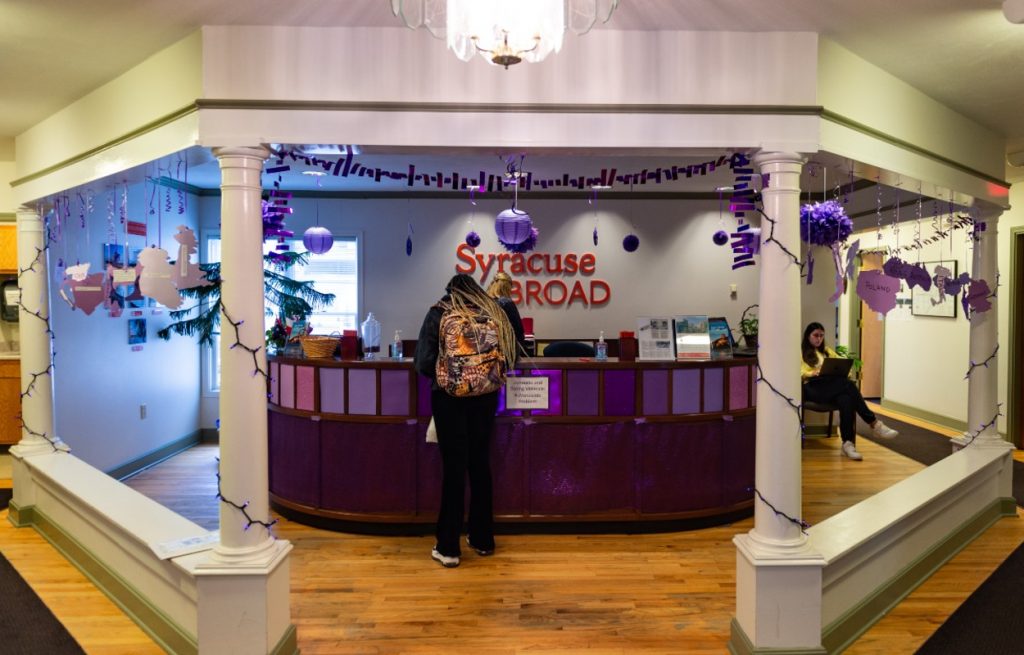 the Syracuse Abroad space decorated with purple items