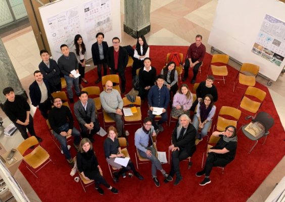 aerial shot of architecture students and faculty