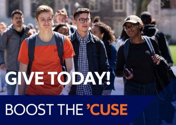 students walking on campus with text Give Today! Boost the 'Cuse