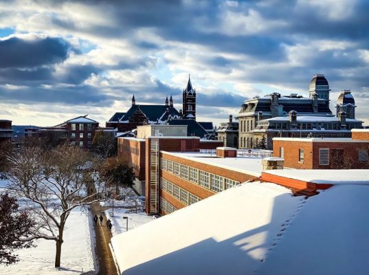 snow on campus buildings