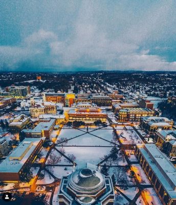 aerial view of campus with snow