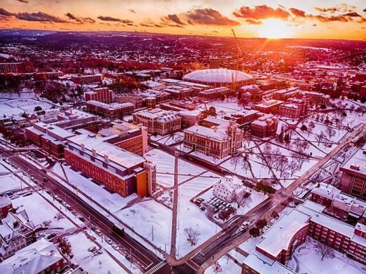 aerial view of snow-covered campus