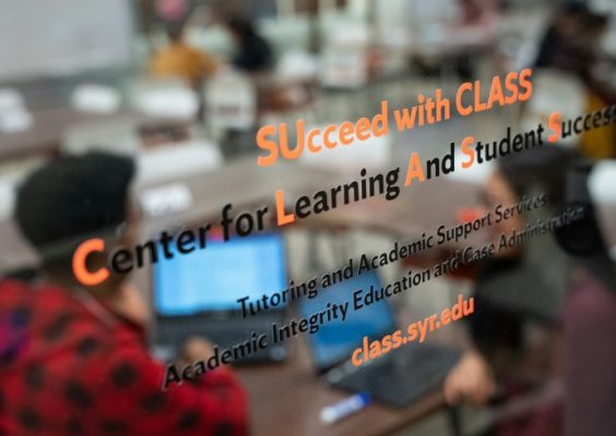 glass wall featuring the text "Succeed with CLASS Center for Learning and Student Success"