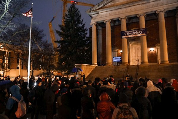 people gathered in front of Hendricks Chapel