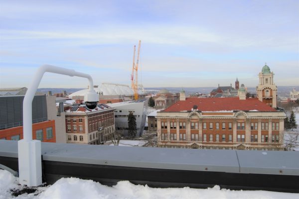 camera view looking toward Lyman Hall from the rooftop of the Life Sciences Complex