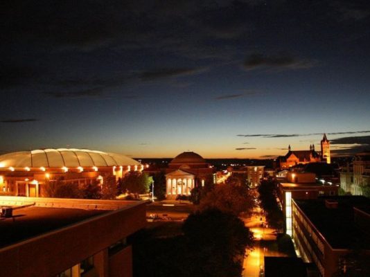 campus buildings at night