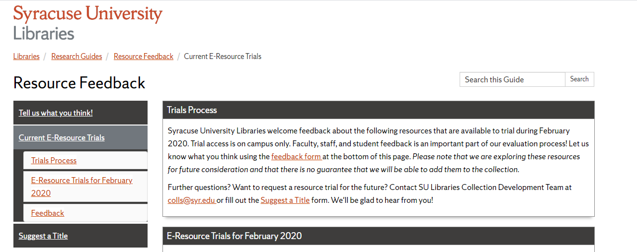 screenshot of e-resource trials website