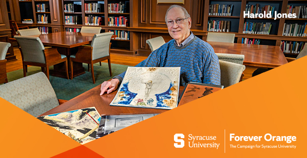 Person in a blue sweater seated at a library table with artwork, surrounded by bookshelves, with “Syracuse University” and “Forever Orange” campaign text overlay.
