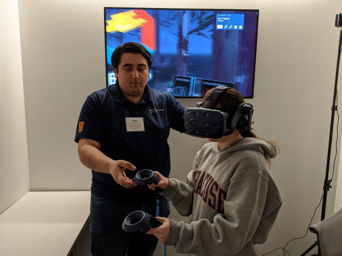 person wearing virtual reality equipment