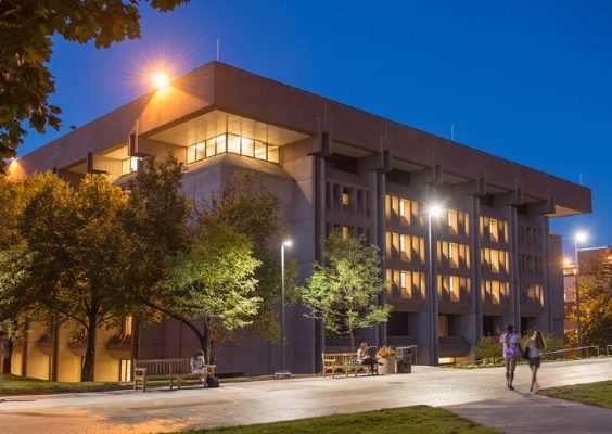 exterior view of Bird Library at night