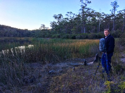 man standing beside a swamp