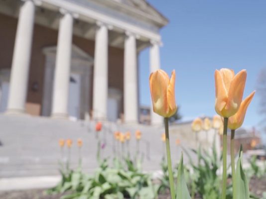 flowers in front of Hendricks Chapel