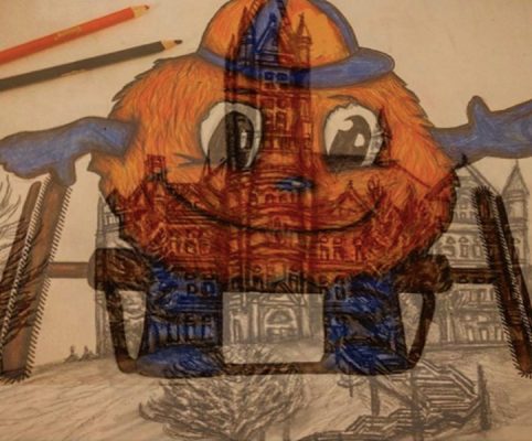 A colored pencil drawing of Otto the Orange in a wheelchair, overlapped by a graphite pencil drawing of Crouse College
