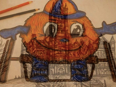 A colored pencil drawing of Otto the Orange in a wheelchair, overlapped by a graphite pencil drawing of Crouse College