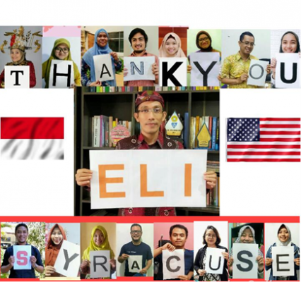 composite of students from Indonesia holding up signs that spell out THANK YOU SYRACUSE ELI