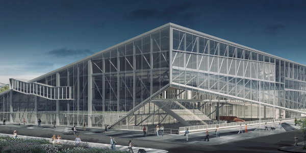 architectural rendering of steel structure with faceted exterior
