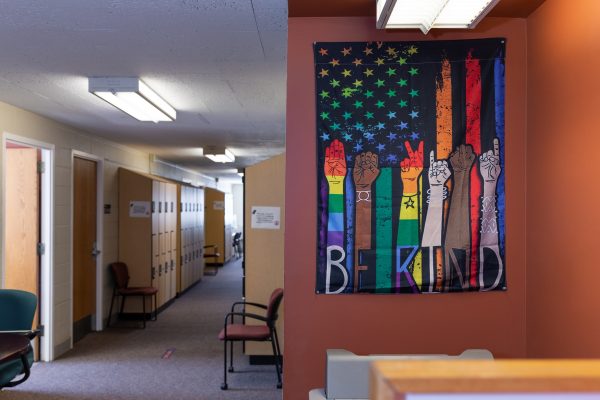 corridor with large colorful banner on one wall