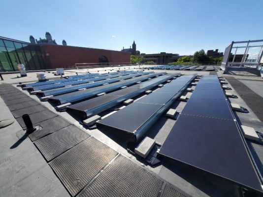 solar panels on the roof of the Schine Student Center