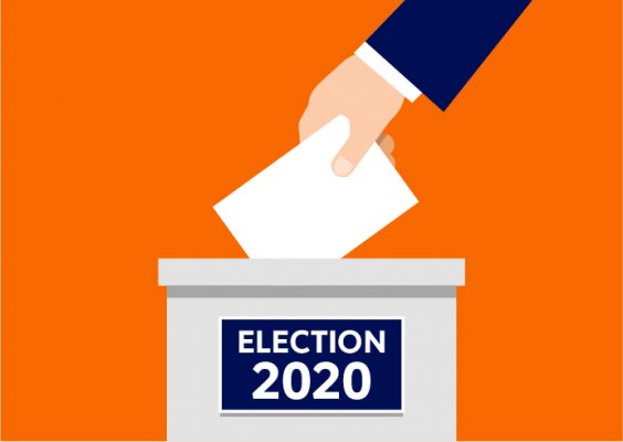 graphic with hand putting in ballot in box with words election 2020