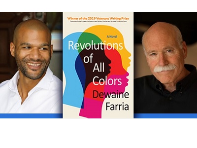 triptych with head shot of Dewaine Farria, book cover, and head shot of Tobias Wolff