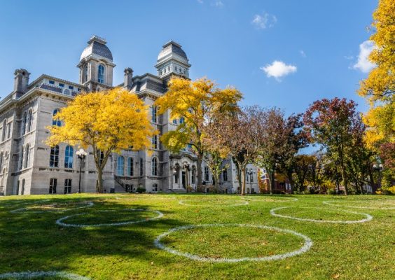 Social distancing circles are painted on the lawn in front of the Hall of Languages under a blue sky.
