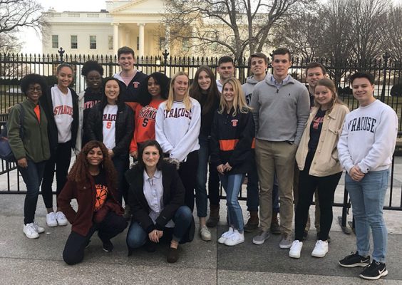 Immersion students posing in front of White House