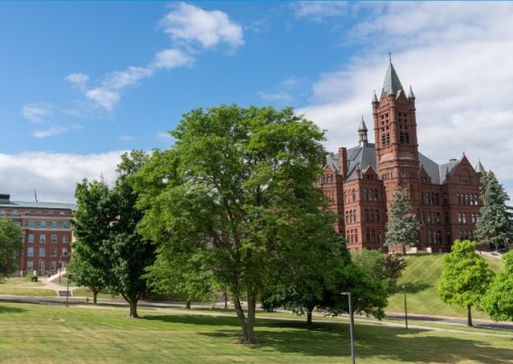 Crouse College behind trees with a blue sky in late spring