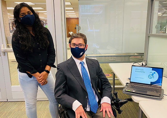 Intelligence++ team Attainable Accessibility team members Shravani Jadhav, a graduate student in the College of Engineering and Computer Science, and InclusiveU student Robert Howes at the LaunchPad at SU Libraries