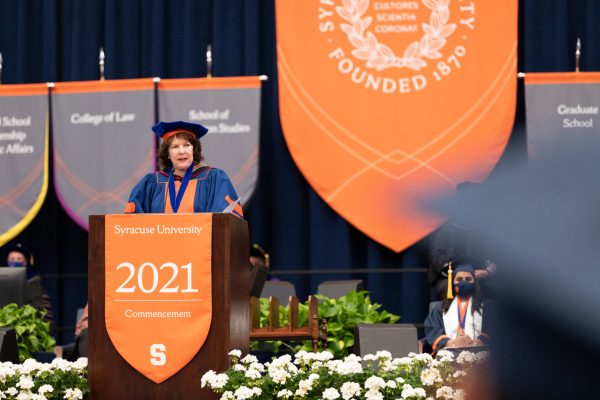 Kathy Walters '73, chair of the Board of Trustees, addresses students at Commencement 2021