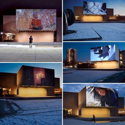 collage of projections at the Everson Museum of Art Plaza, part of the Urban Video Project Summer Review 2021
