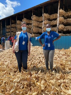 Emily Fredenberg and a colleague at a WFP farm coop in Eastern Rwanda in April 2021