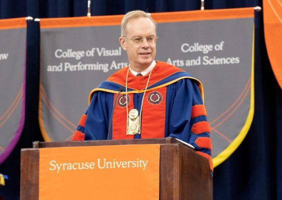 Chancellor Kent Syverud speaks from a podium at Commencement 2020