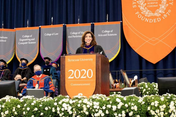 Gov. Kathy Hochul addresses the crowd at 2020 Commencement