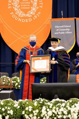 Chancellor Syverud presents an honorary doctor of humane letters degree to Daniel A. D'Aniello '68 at Commencement 2020
