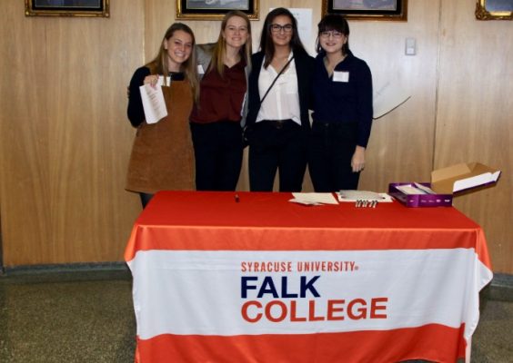 Chloe Moss ’23, Megan Sheehan ’23, Juliana DiCenso ’23 and Kate Eliou ’21 at a Falk alumni event in 2019