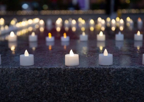 small candles in rows on a wall