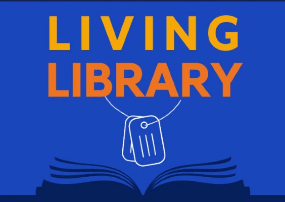 graphic of dog tags over open book with words Living Library