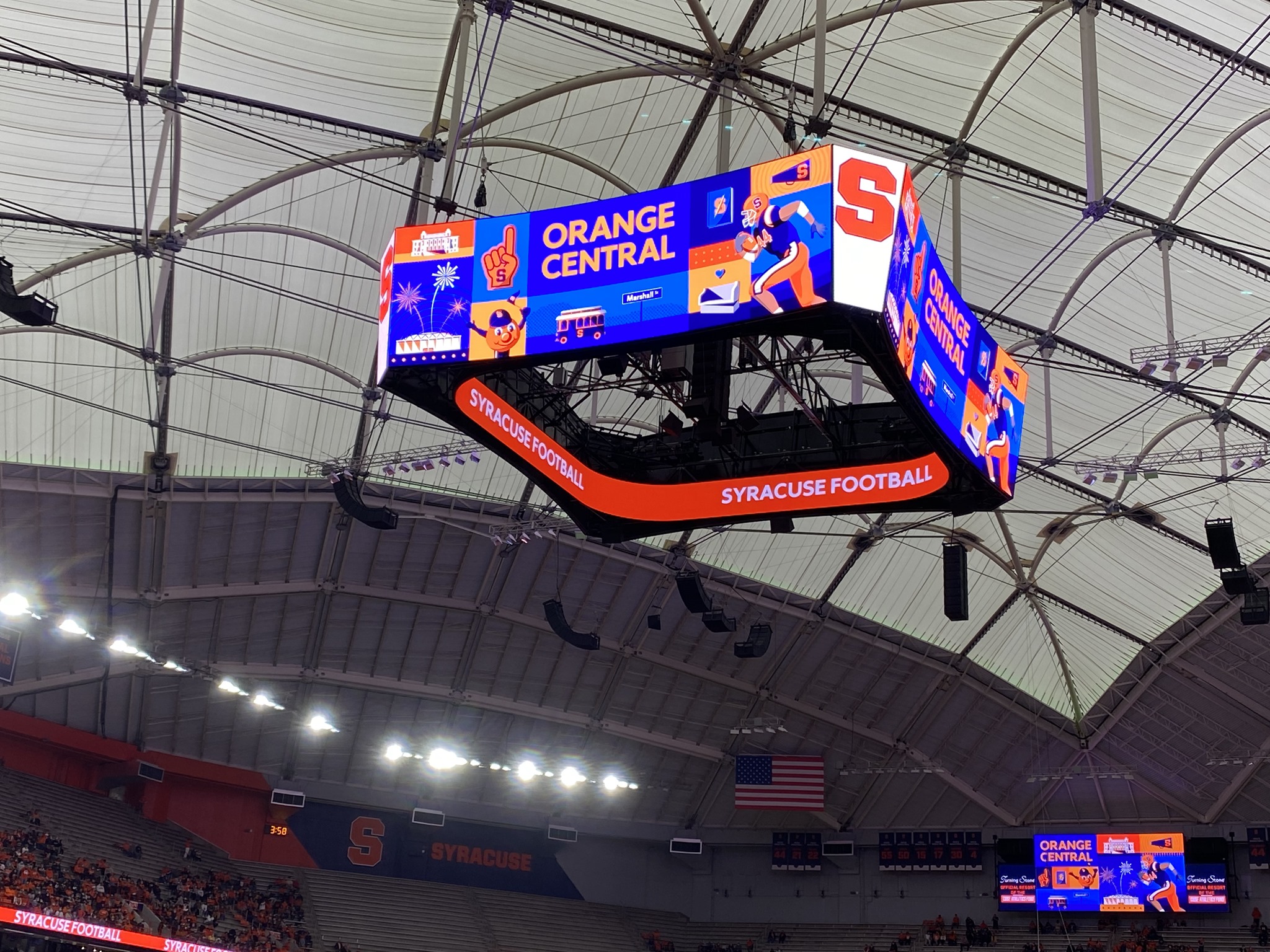 the scoreboard in the Stadium with Orange Central 2021 messaging