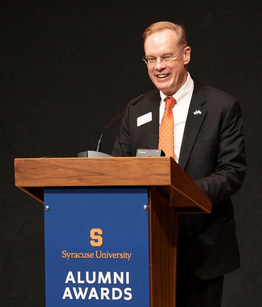 Chancellor Kent Syverud speaks from the podium during the 2021 Alumni Awards at Orange Central