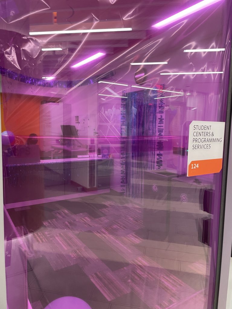 office entrance covered in purple