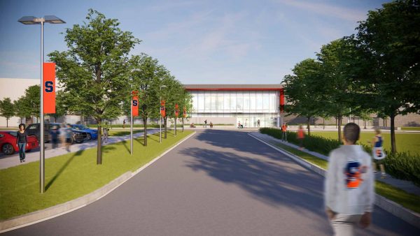 digital rendering of entrance/exterior of John A. Lally Athletics Complex at Syracuse University