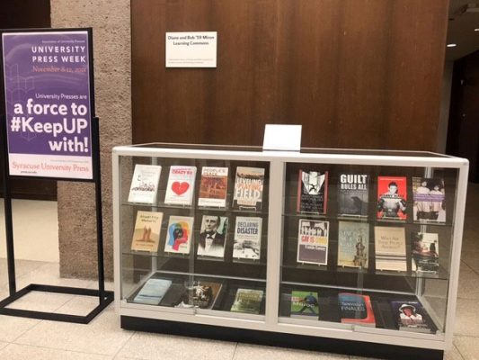 Syracuse University Press Week display in Bird Library